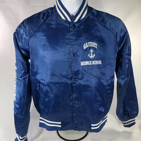 VTG GAUDET MIDDLE SCHOOL MIDDLETON VARSITY JACKET YOUTH MEDIUM SNAP BUTTON BLUE - Picture 13 of 16